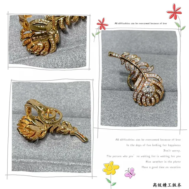 Feather-Shaped Pavé Crystal Rose Gold Ear Cuffs Earrings 4
