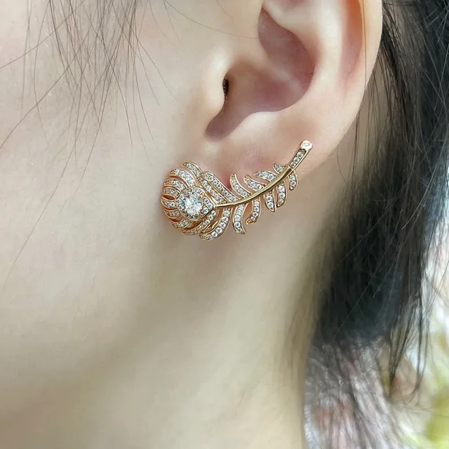 Feather-Shaped Pavé Crystal Rose Gold Ear Cuffs Earrings 8