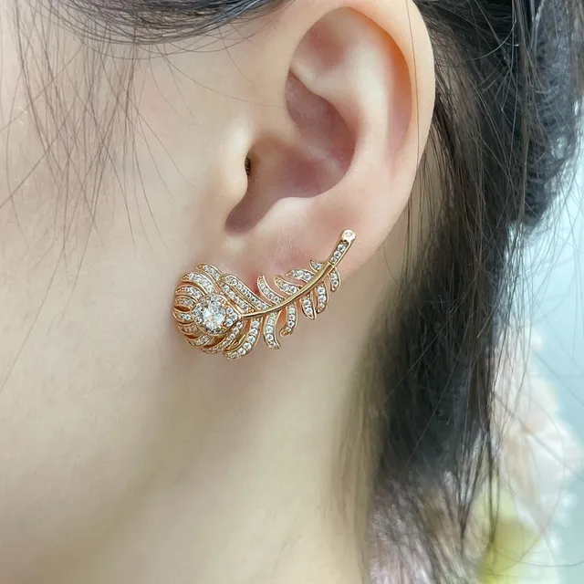 Feather-Shaped Pavé Crystal Rose Gold Ear Cuffs Earrings 9
