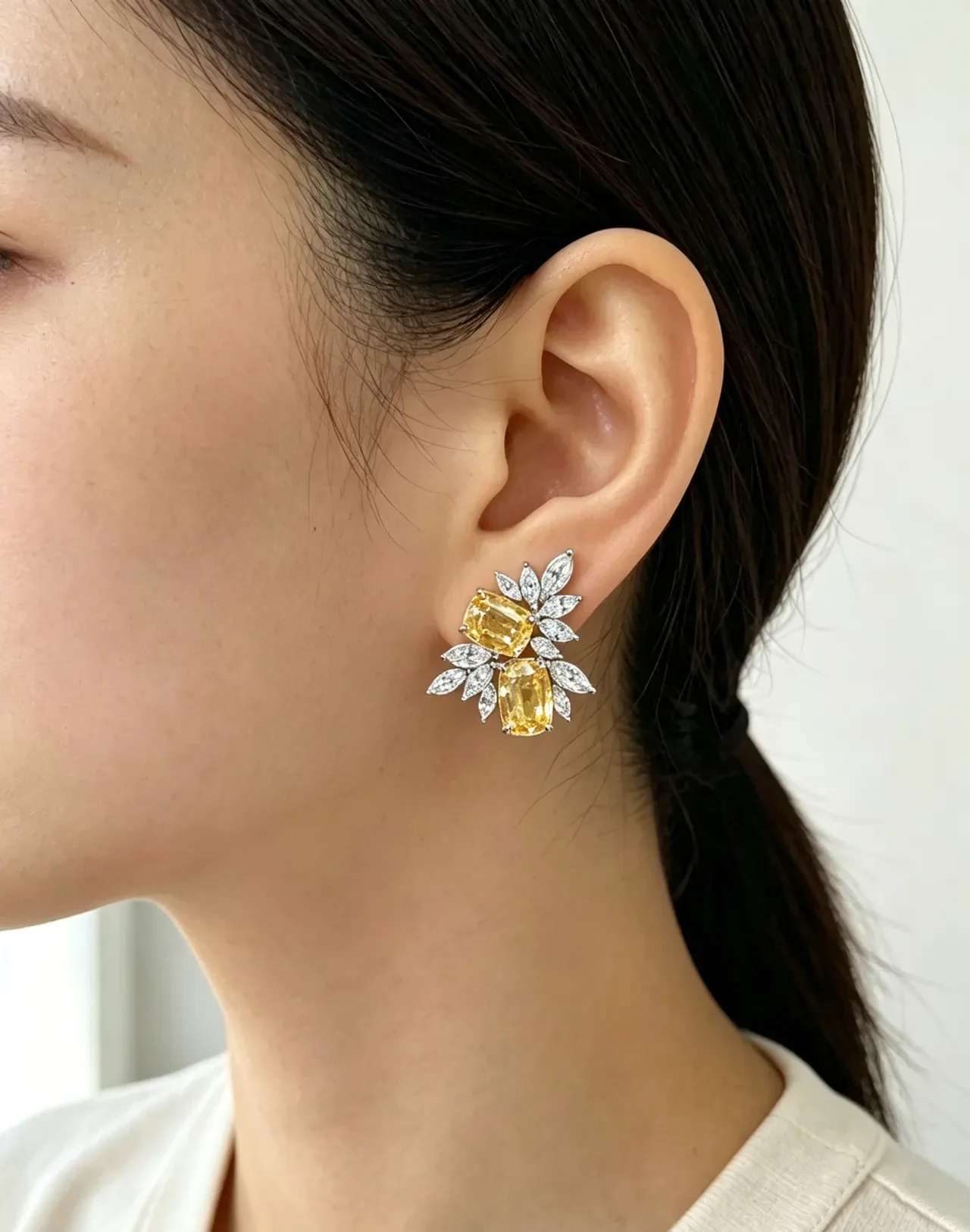 Floral Motif Yellow and Clear Gemstone Cluster Stud Earrings 2