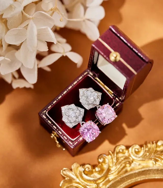 Floral Pavé and Square-Cut Green Gemstone Stud Earrings 6