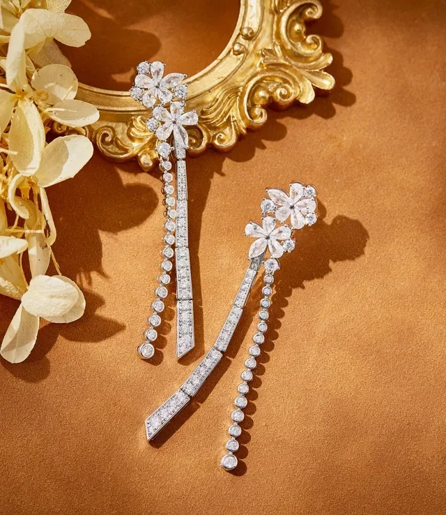 Floral Pavé Crystal Dangling Drop Earrings 3