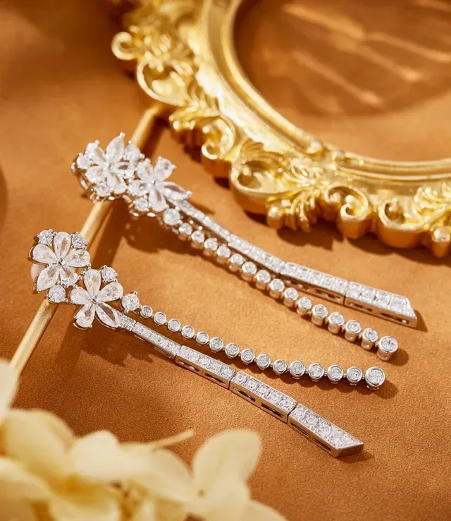 Floral Pavé Crystal Dangling Drop Earrings 4