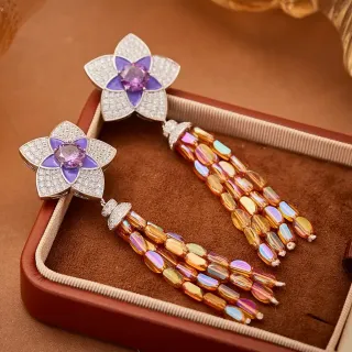 Floral Pavé-Set Purple Enamel and Iridescent Bead Tassel Earrings