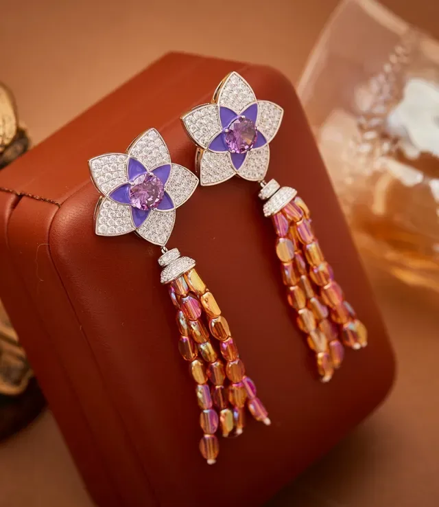 Floral Pavé-Set Purple Enamel and Iridescent Bead Tassel Earrings 2