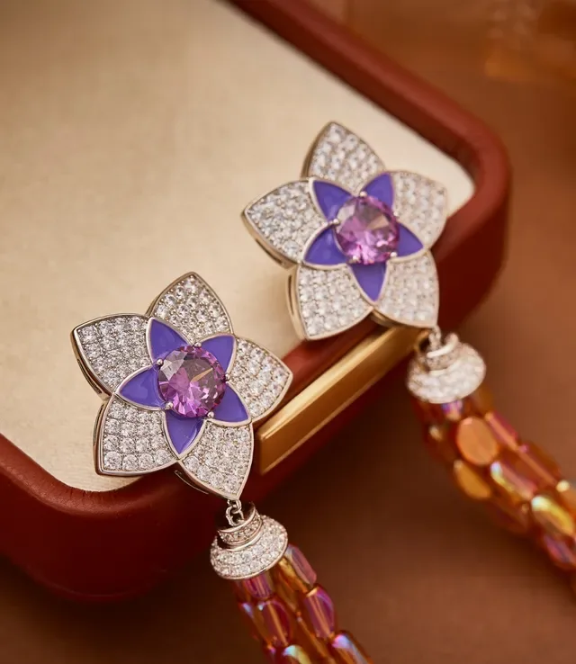 Floral Pavé-Set Purple Enamel and Iridescent Bead Tassel Earrings 3