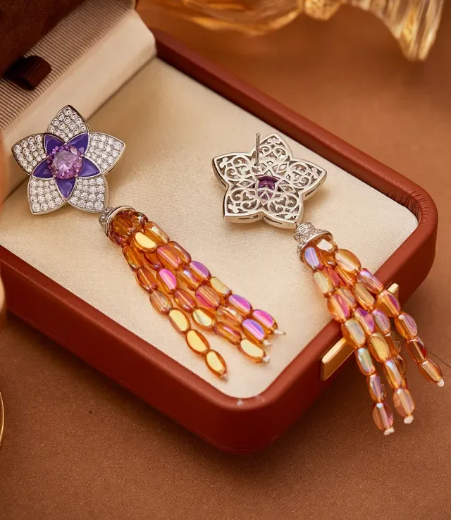 Floral Pavé-Set Purple Enamel and Iridescent Bead Tassel Earrings 4