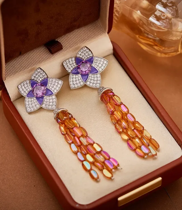 Floral Pavé-Set Purple Enamel and Iridescent Bead Tassel Earrings 5