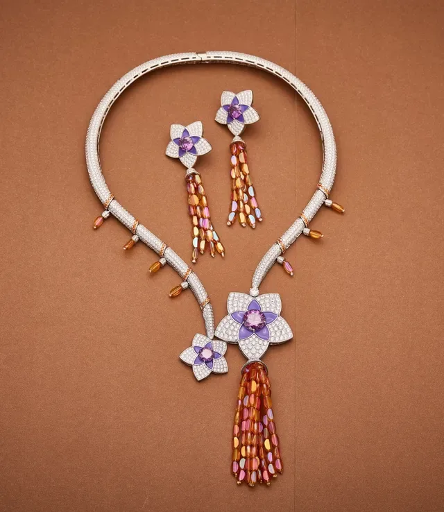 Floral Pavé-Set Purple Enamel and Iridescent Bead Tassel Earrings 6
