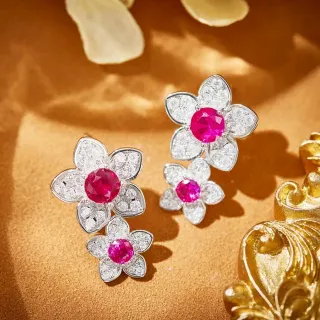 Floral Ruby and Diamond Cluster Earrings