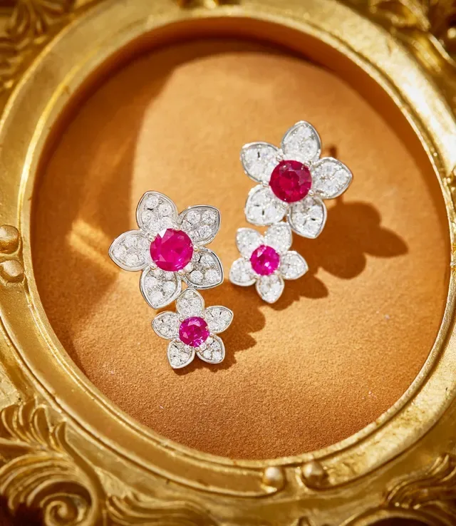 Floral Ruby and Diamond Cluster Earrings 3