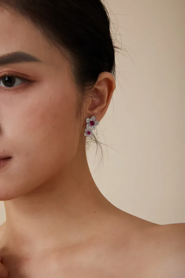 Floral Ruby and Diamond Cluster Earrings 5
