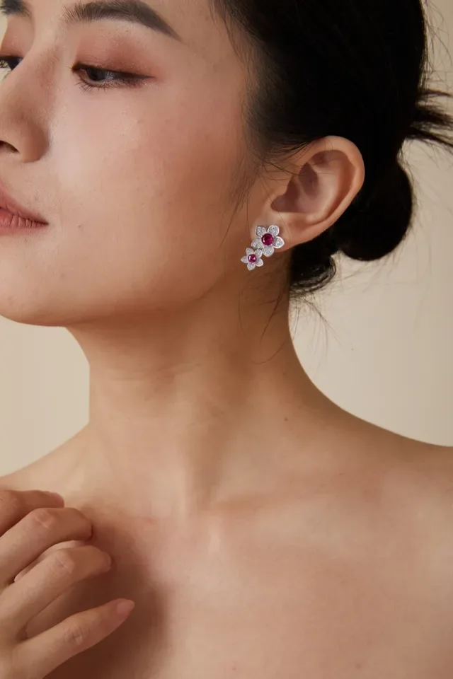 Floral Ruby and Diamond Cluster Earrings 8