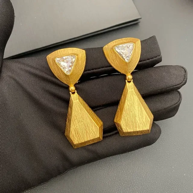 Geometric Textured Gold-Tone Triangular Crystal Dangle Earrings 5