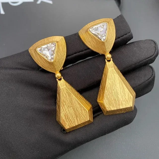 Geometric Textured Gold-Tone Triangular Crystal Dangle Earrings 7