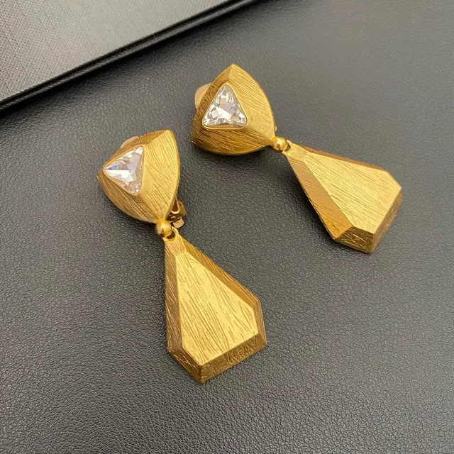 Geometric Textured Gold-Tone Triangular Crystal Dangle Earrings 8