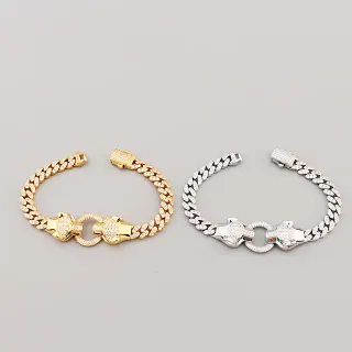 Tono oro y plata Pave-Set doble cabeza de pantera cadena curb pulseras