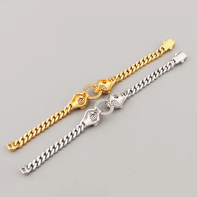 Gold and Silver Tone Pave-Set Double Panther Head Curb Chain Bracelets 3