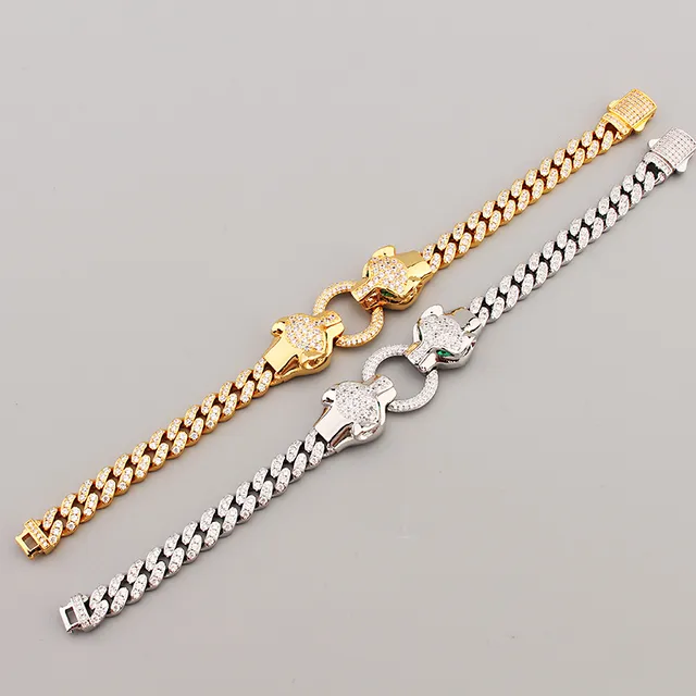 Gold and Silver Tone Pave-Set Double Panther Head Curb Chain Bracelets 7