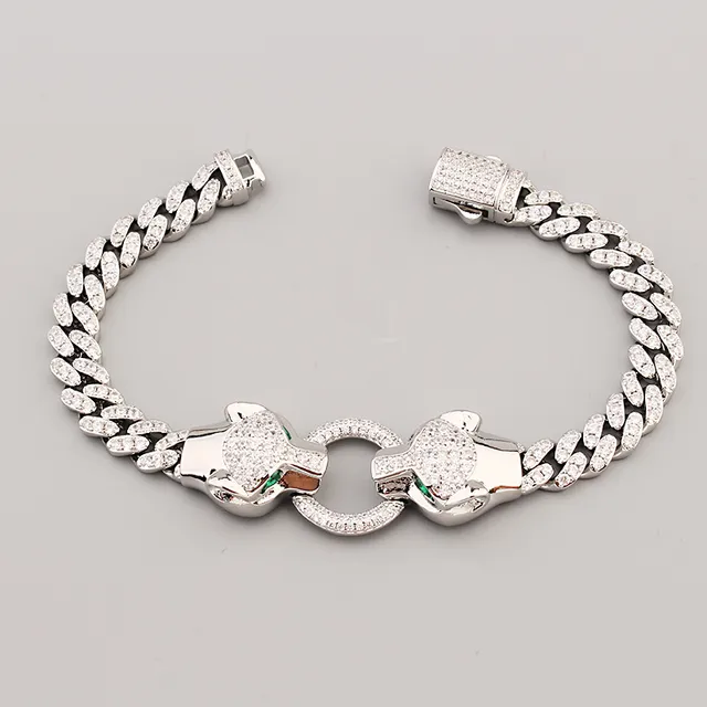 Gold and Silver Tone Pave-Set Double Panther Head Curb Chain Bracelets 8