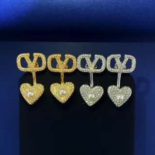 Gold and Silver Tone V-Motif Heart Crystal Pearl Earrings
