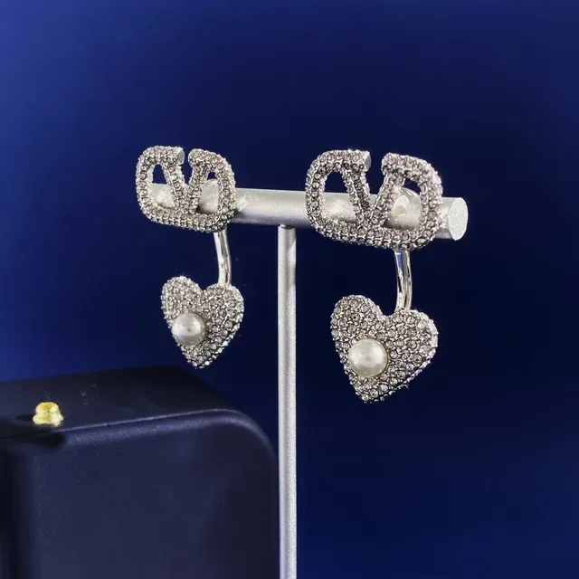 Gold and Silver Tone V-Motif Heart Crystal Pearl Earrings 4
