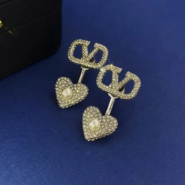 Gold and Silver Tone V-Motif Heart Crystal Pearl Earrings 5