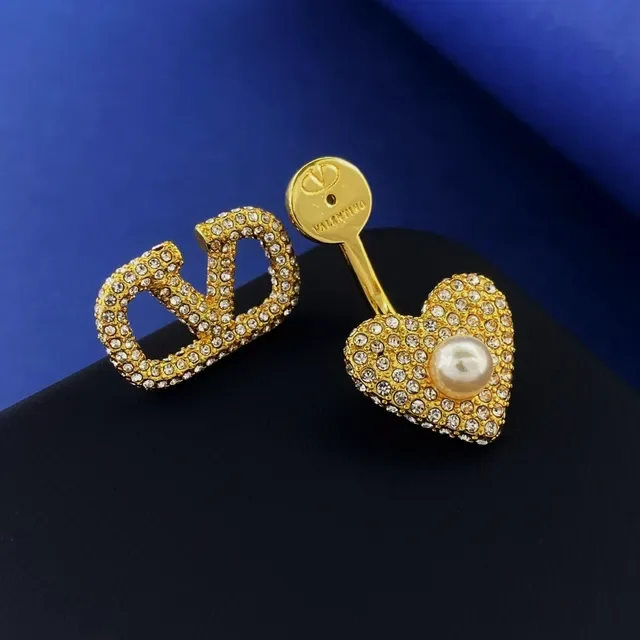 Gold and Silver Tone V-Motif Heart Crystal Pearl Earrings 6