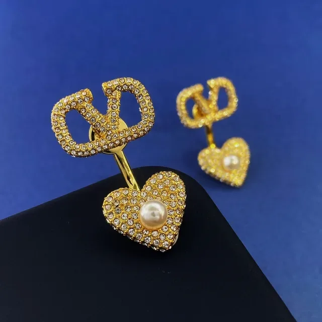 Gold and Silver Tone V-Motif Heart Crystal Pearl Earrings 7