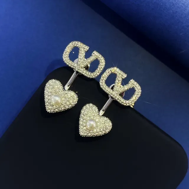 Gold and Silver Tone V-Motif Heart Crystal Pearl Earrings 8