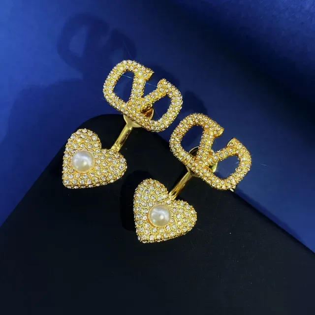 Gold and Silver Tone V-Motif Heart Crystal Pearl Earrings 9