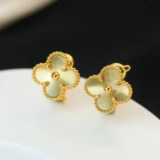 Gold Beige Four-Petal Clover Silhouette Radial Sunburst Engraving Earrings
