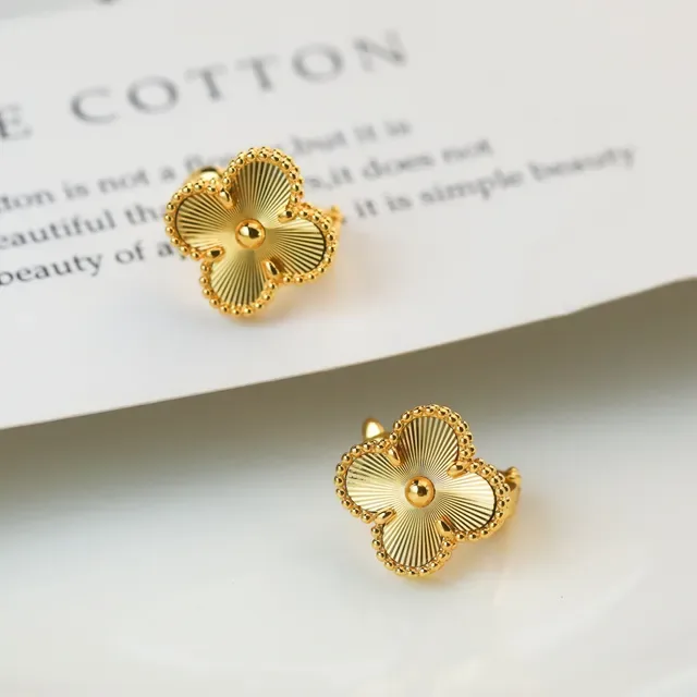 Gold Beige Four-Petal Clover Silhouette Radial Sunburst Engraving Earrings 2