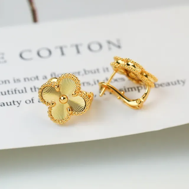 Gold Beige Four-Petal Clover Silhouette Radial Sunburst Engraving Earrings 3
