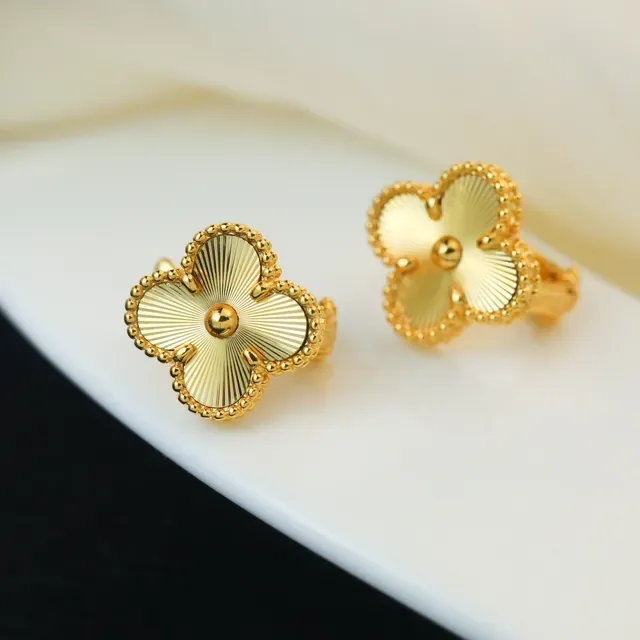 Gold Beige Four-Petal Clover Silhouette Radial Sunburst Engraving Earrings 4