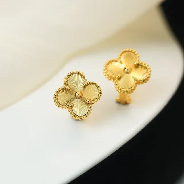 Gold Beige Four-Petal Clover Silhouette Radial Sunburst Engraving Earrings 5