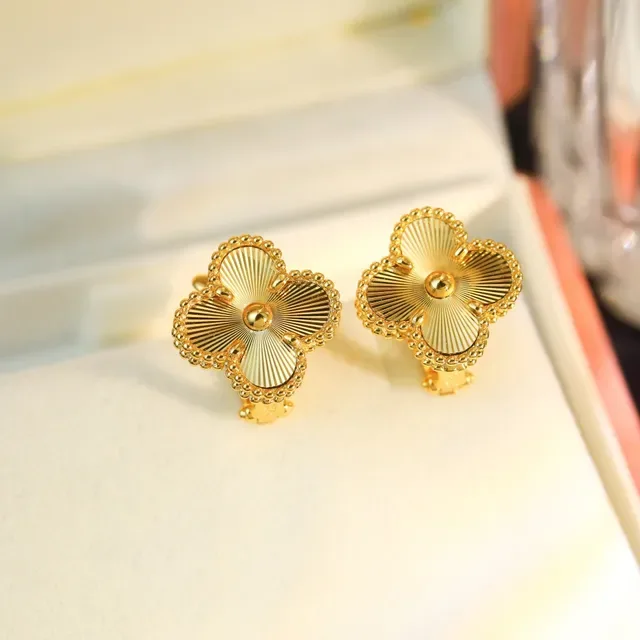 Gold Beige Four-Petal Clover Silhouette Radial Sunburst Engraving Earrings 6