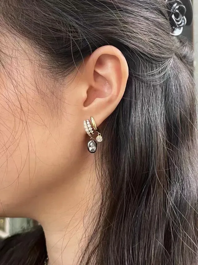 Gold Black Huggie Base Pavé Crystal Bands Earrings 5