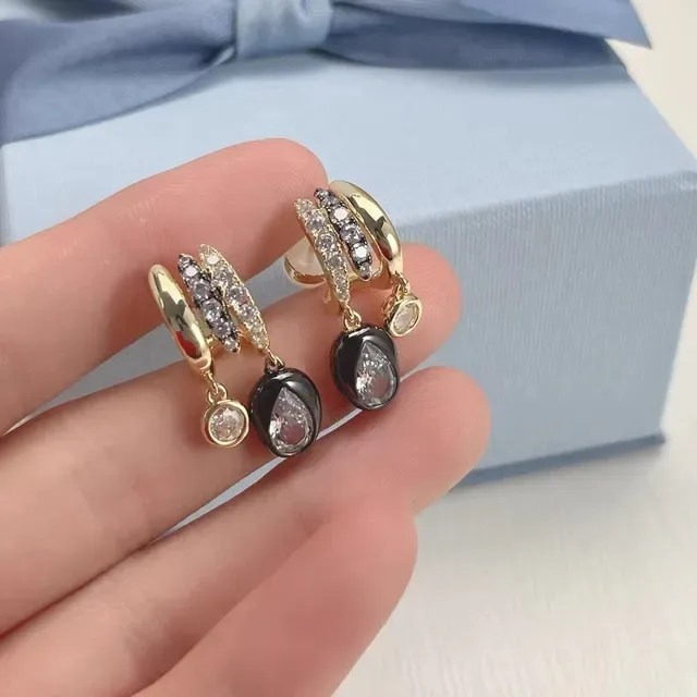 Gold Black Huggie Base Pavé Crystal Bands Earrings 7