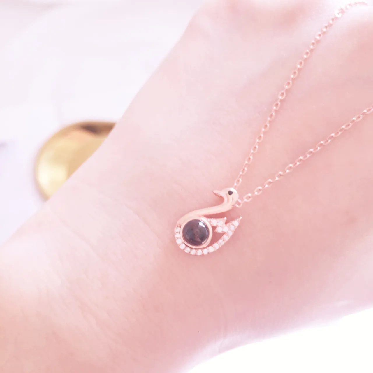 Gold Black Swan-Shaped Pendant Pavé-Set Halo Necklace 2