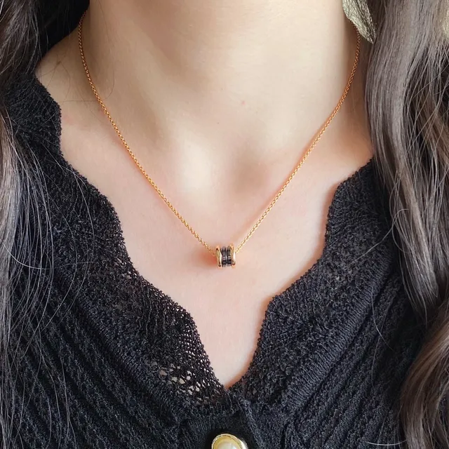 Gold Black Twisted Rope Chain Cylindrical Ceramic Pendant Necklace 9