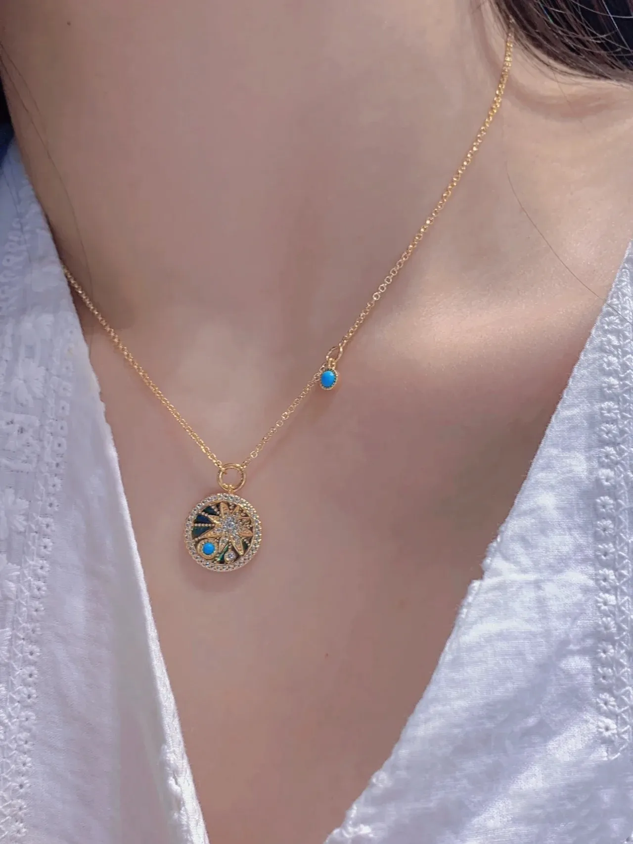 Gold Blue Chain Circular Sunburst Pendant Necklace 3