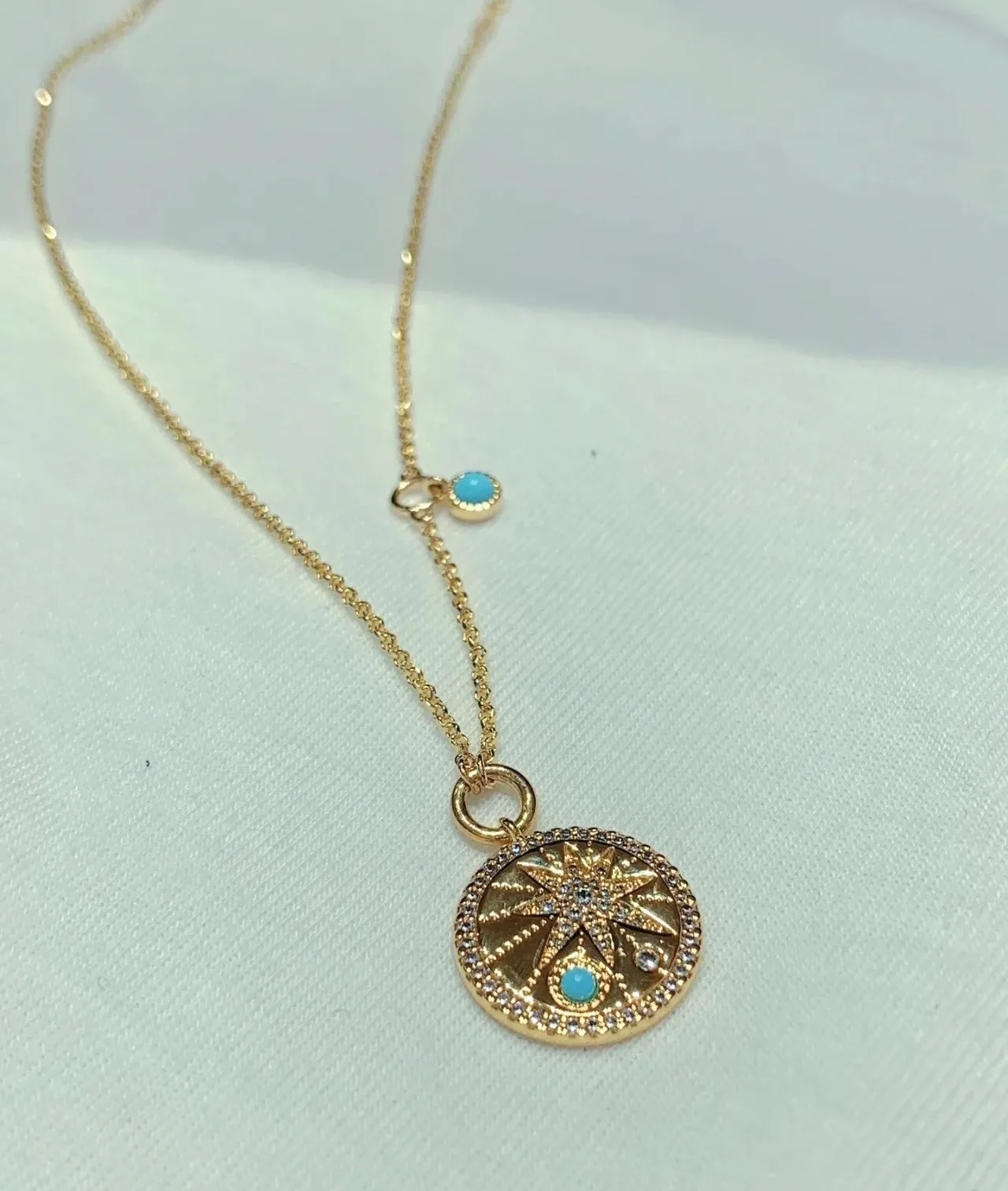 Gold Blue Chain Circular Sunburst Pendant Necklace 5