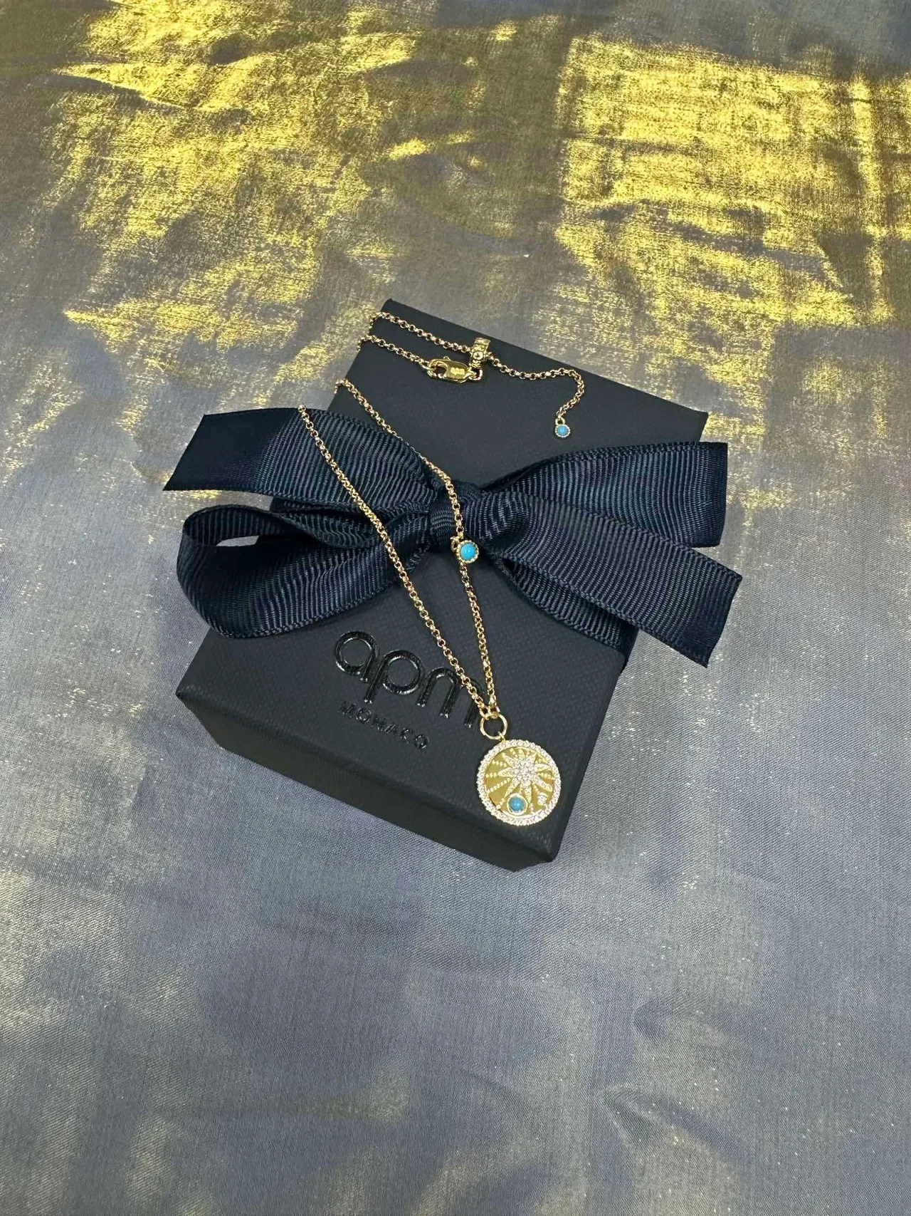 Gold Blue Chain Circular Sunburst Pendant Necklace 7