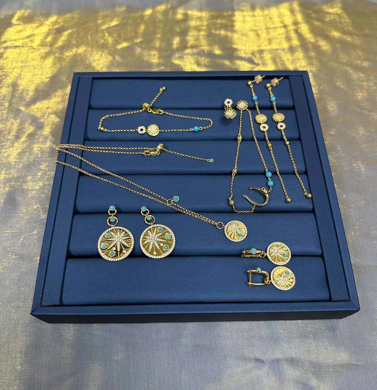 Gold Blue Chain Circular Sunburst Pendant Necklace 8