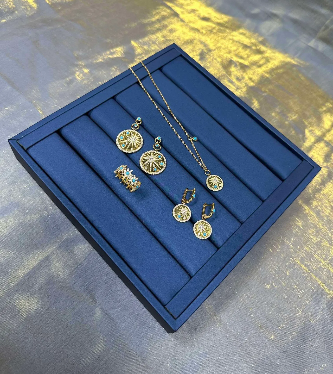 Gold Blue Chain Circular Sunburst Pendant Necklace 9
