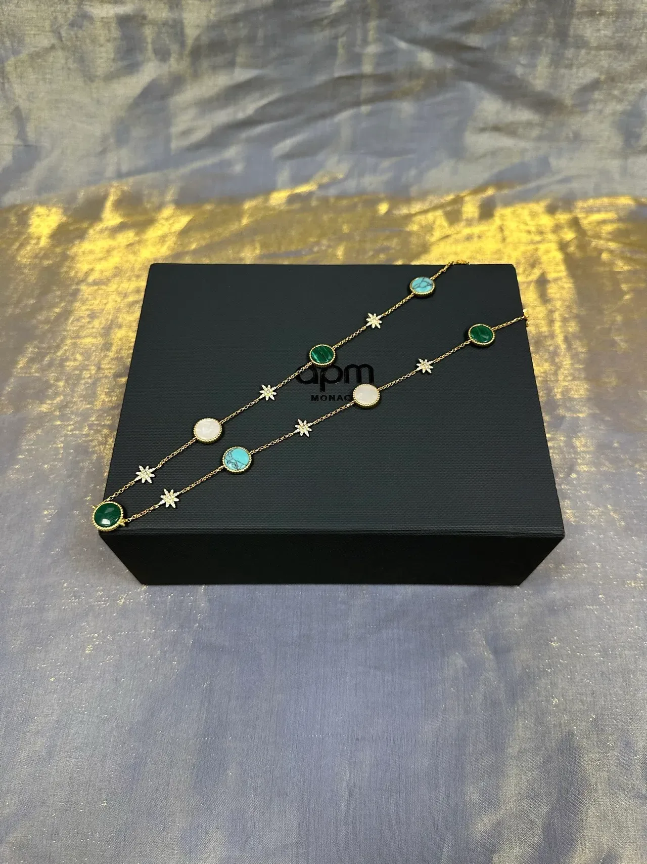Gold Blue Chain Round Cabochon Gemstones Necklace 4