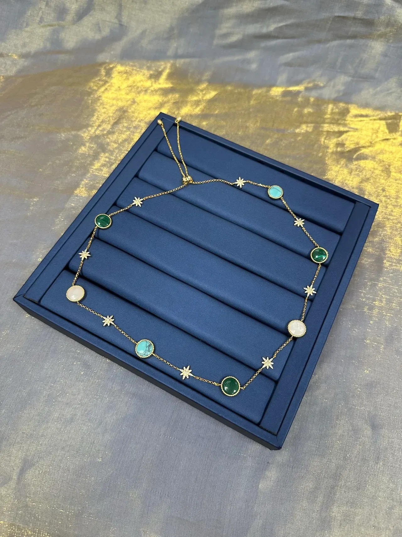 Gold Blue Chain Round Cabochon Gemstones Necklace 5