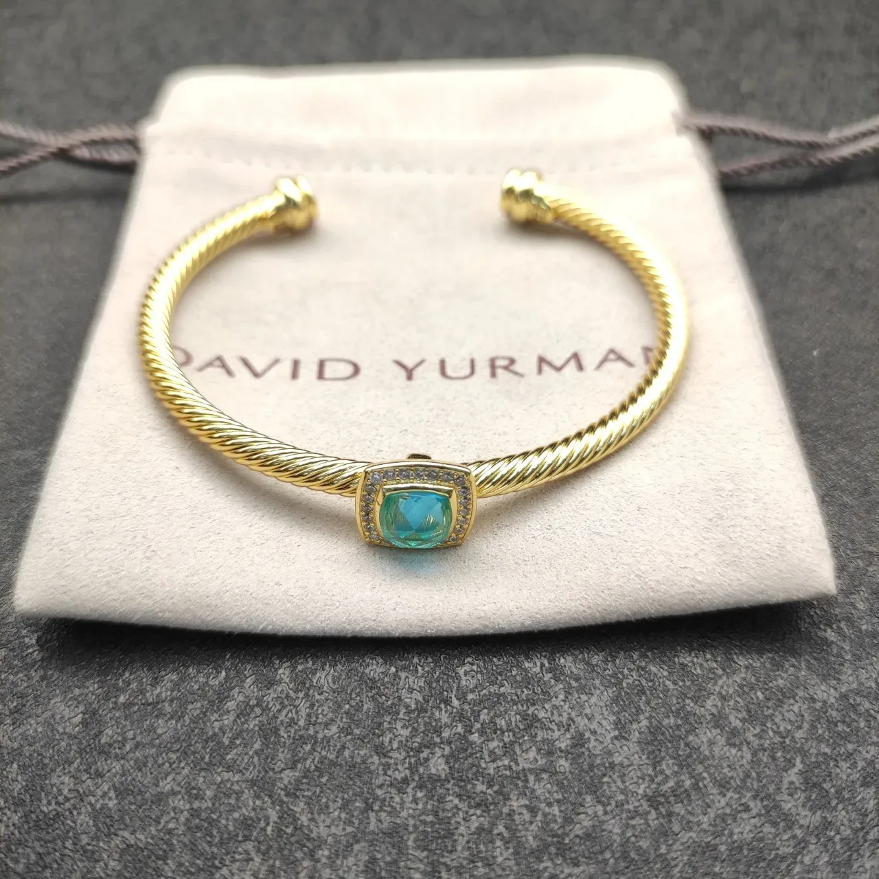 Gold Blue Twisted Rope Wire Cabochon-Set Turquoise Stone Bracelet 6