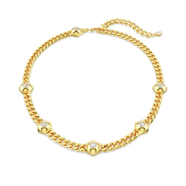 Gold Curb Chain Hexagonal Bezel-Set Stone Bracelet 6